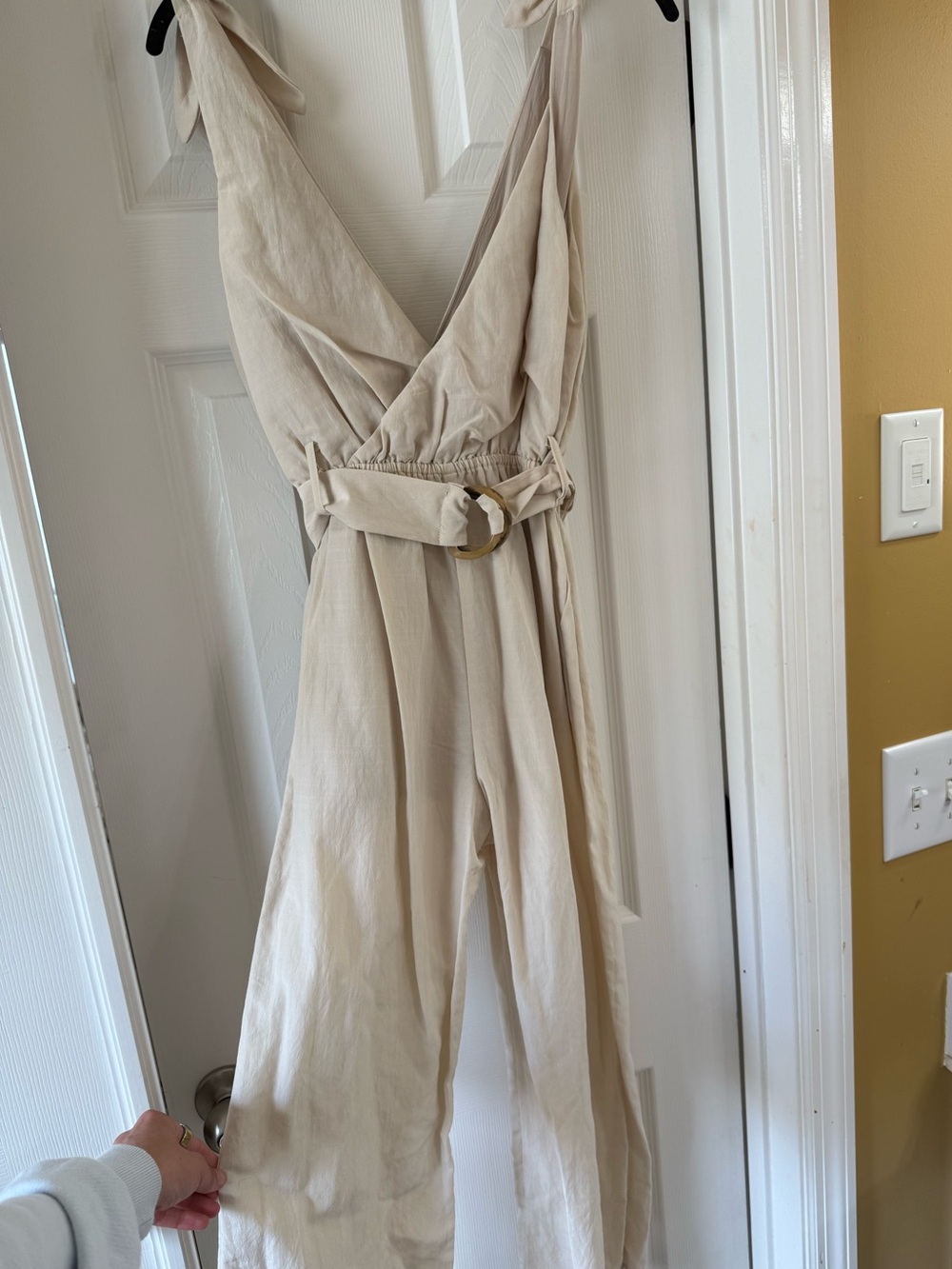 Sleeveless V-Neck Jumpsuit in Beige
